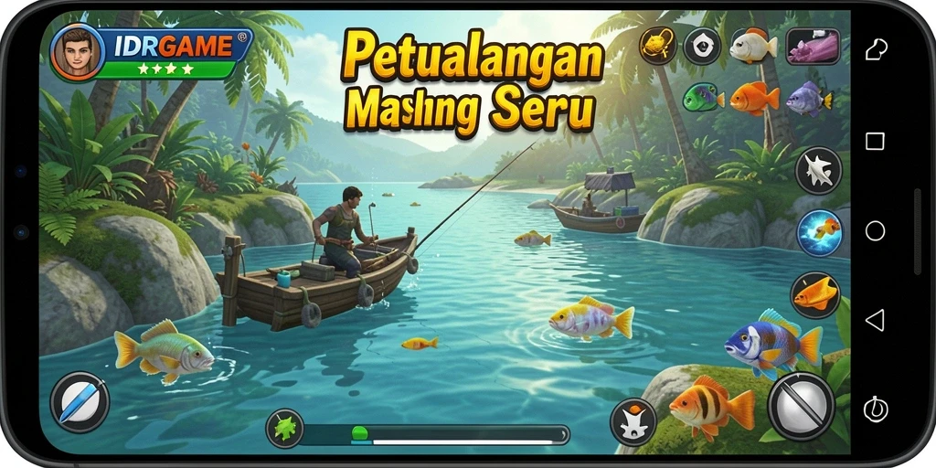 Screenshot gameplay IDRGAME menampilkan aksi memancing yang seru.