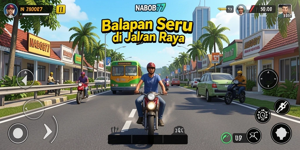 Tampilan gameplay NABOB77 dengan mobil balap yang melaju kencang.