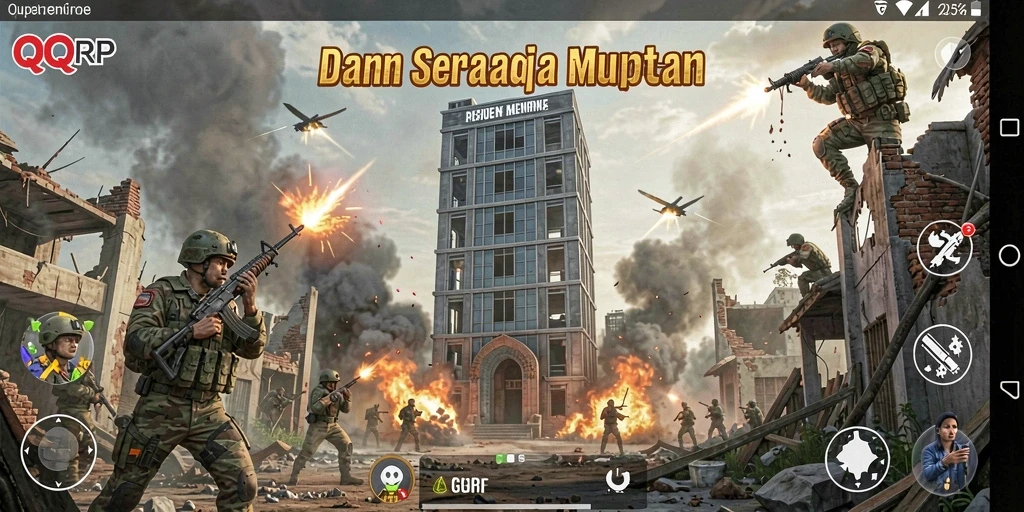 Screenshot gameplay QQRP menampilkan menara yang mempertahankan serangan musuh.