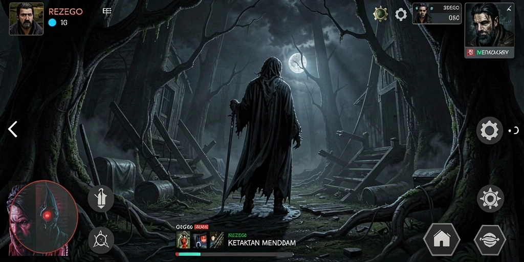 Tangkapan layar gameplay mendebarkan dari REZEGO, menghantui dan menegangkan.