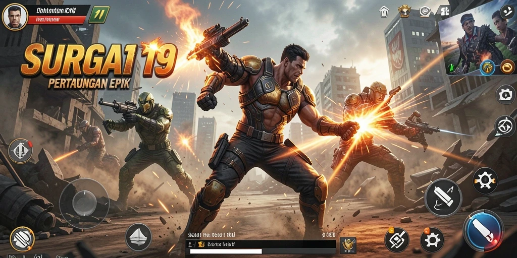 Tampilan seru gameplay SURGA19 saat bertarung melawan musuh.